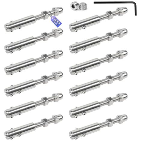 Lot de 12 Tendeurs pour câble 3 mm Serre-câble en inox avec tige filetée et clé Allen, Garniture tension robuste câbles acier, idéale les installations clôtures ou rambardes - (1/5)