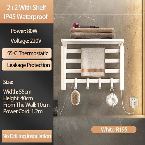 Sèche-serviettes Chauffant Électrique et Mural Classique - Puissance 80W, IP24,55° Température Constante, 4 Crochets Standards,Étagère Pliable, Câble d'Alimentation 1,2m （R195 Blanc） (1/5)
