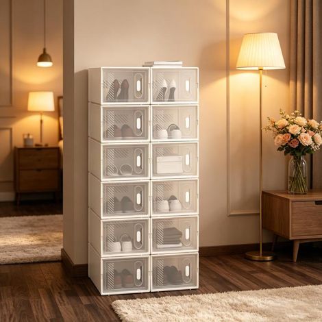 Étagère + 12 boîtes – Porte-chaussures modulaire – Organisateur jouets – SdB – Empilable (1/5)