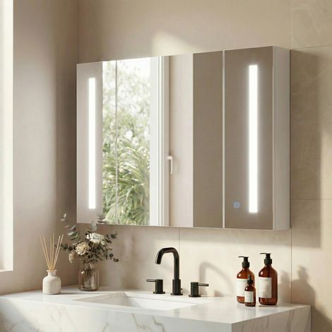 Miroir de salle de bain de rangement - 90x15x65 cm - 3 étagères et lumière LED - meuble miroir mural en MDF avec 3 armoires - blanc