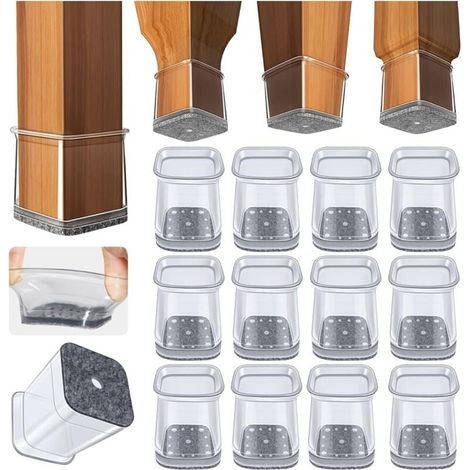 32pcs Protection Pied de Chaise Carré, protege pied de chaise silicone,Petit patin chaises en Transparent pour Sols en Bois Dur et Carrelage,Tampon chaise avec Patins en Feutre,S(Fit : 20-25 mm) (1/4)