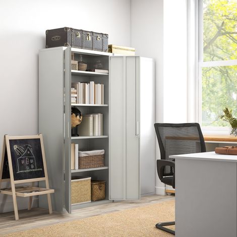 Blanc - Armoire de bureau à 5 niveaux avec 4 étagères réglables, armoire à documents métallique avec 2 portes, 80x40x180 cm