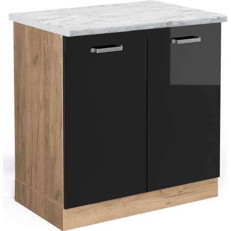 Armario bajo para fregadero R-Line, Negro brillo intenso, 80 cm ET Mármol, Vicco (1/5)