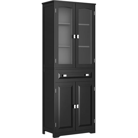 Homcom – Armoire de cuisine en MDF noir – Dimensions 60L x 30l x 160H cm – Vitrine 2 portes vitrées avec étagères – Meuble multi-rangements