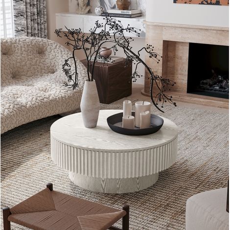 Table basse ronde 75x75x35 cm blanc rétro avec rangement, MDF et placage bois, MEUBLIV (1/5)