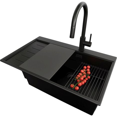 PRIMAGRAN Evier Cuisine en Granit 78x50cm,Lavabo 1 bac + Robinet 40x20cm + Kit de Vidage + Accessoires, Évier à Encastrer au meuble 60cm - Sydney, Tout Noir