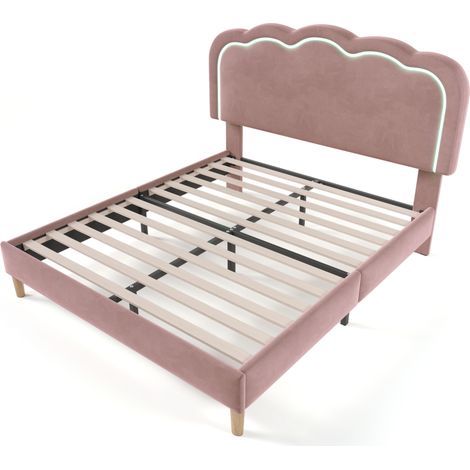 Lit double capitonné LED 140 x 200 cm en velours rose avec tête de lit réglable et sommier (1/5)