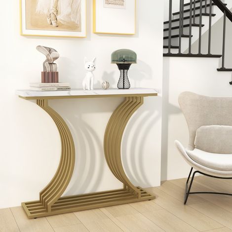 Table Console Imprimée Marbre 100 x 29,5 x 80,5 cm (L x l x H) Cadre en Métal Doré Style Scandinave Moderne Blanc CW44813 (1/3)