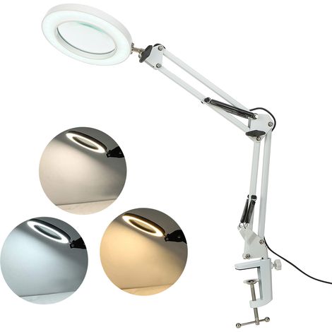 Tomshine Lampe de table flexible à pince avec loupe 8x Bras pivotant LED à intensité variable Lampe de bureau 3 modes de couleur 10 niveaux de luminosité Lecture Travail Étude.