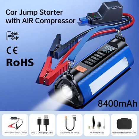 Démarreur de voiture portable et pompe à air (8400 mAh) (Démarreur 12 V/avec voyant d'avertissement/batterie externe) (1/5)