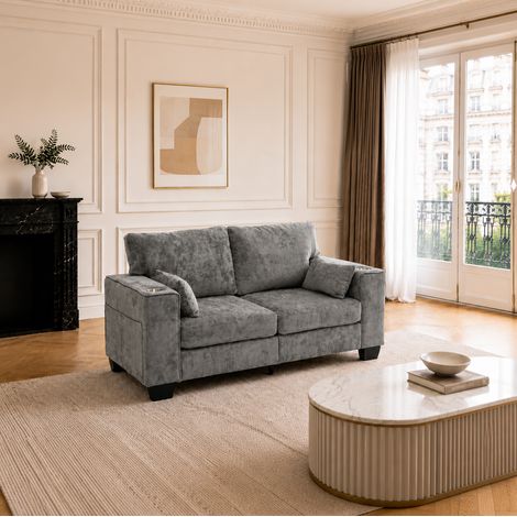 Sofá 2 plazas 182x76x62 cm chenilla gris oscuro con portavasos - MEUBLIV (1/5)