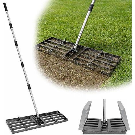 Râteau de Nivellement Pelouse 76x25cm, Outil Niveleur Pliable Râteau Paysager avec Manche Réglable 87-200cm en Acier, Outil Multi-Surface pour Niveler Gazon, Sable, Terre et Gravier