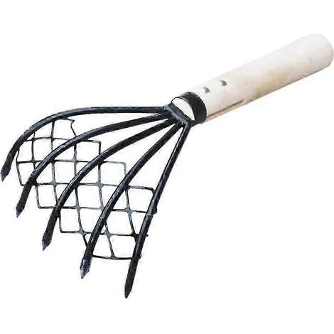 Râteau à palourdes avec filet, manche en bois à 5 dents, outil de ramassage de coquillages pour la récolte et le désherbage sur la plage (1/5)