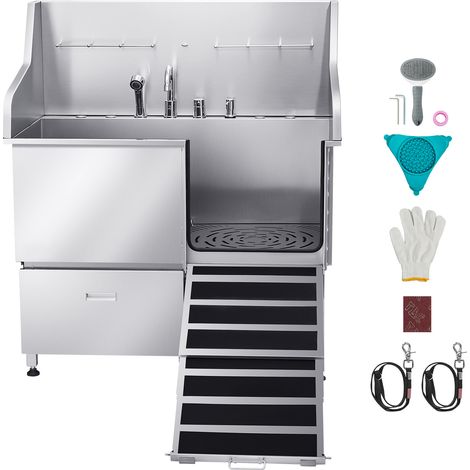 Mophorn Hundewaschstation aus Edelstahl, 1275x795x1435 mm Tierpflegewanne mit Rampe, Wasserhahn, Duschkopf und Leine für Haustiere verschiedener Größen (rechte Tür)