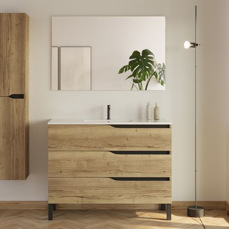 Meuble de salle de bain 100cm simple vasque - 3 tiroirs - madera miel (bois clair) - MATA (1/5)