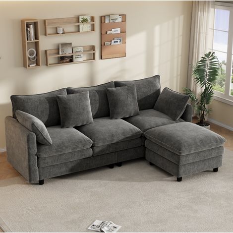 Canapé d'angle 212x150x90 cm en tissu chenille gris, modulable pour salon et bureau FloraGrace (1/5)