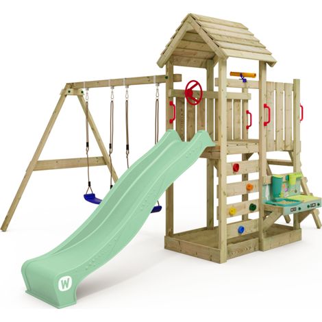 Wickey MultiFlyer wooden play tower with wooden roof and mud kitchen for toddlers in light green