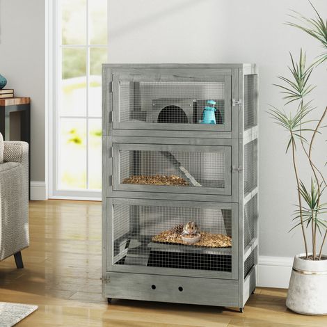 Cage pour hamster nain 65x45x109 cm en bois gris avec roues, pour petits espaces – MEUBLIV (1/5)