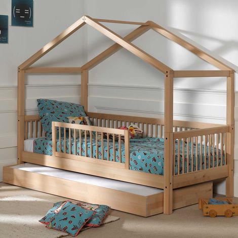 Lit cabane Forrest 90x200cm avec barrière et lit gigogne - bois