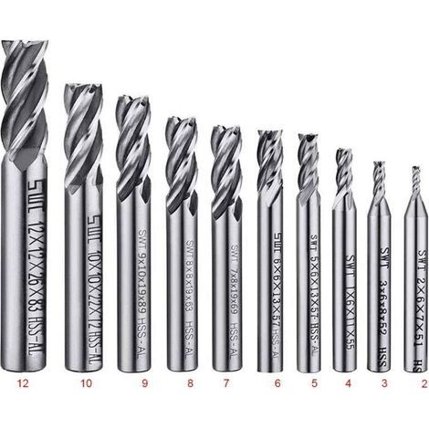 Lot de 10 forets à 4 cannelures - de 2 à 12 mm Fraise en Bout- Ensemble de forets à tige droite HSS CNC pour perceuse - Ensemble d'outils pour bois, aluminium, acier et titane