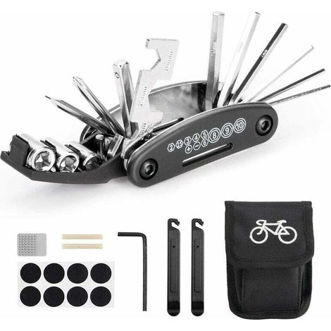 Multifunctional bicycle tool, 16 in 1 tools for portable bicycle tool bag with chain tool and tire repair lever, self-adhesive bicycle patch, etc. (1/4)