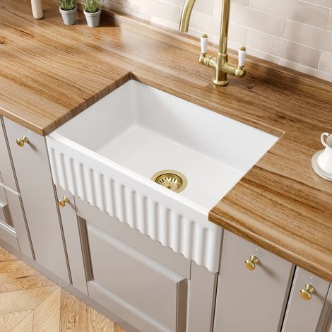 605 x 405mm Fluted Ceramic Belfast Kitchen Sink Single Bowl & Brushed Brass Waste (1/5)