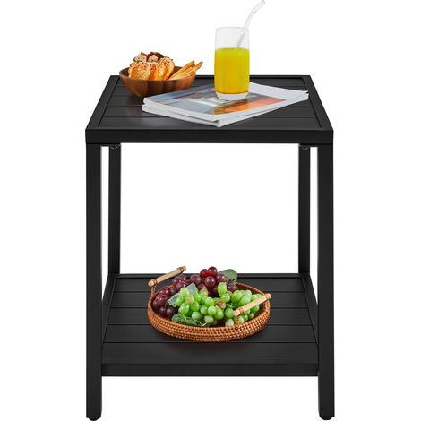 Homevive Mesa Auxiliar de Metal de Dos Niveles con Diseño de Listones y Estante Inferior de Almacenamiento Mesita de Noche Estilo Industrial para Patio Salón Terraza Balcón Negro (1/5)