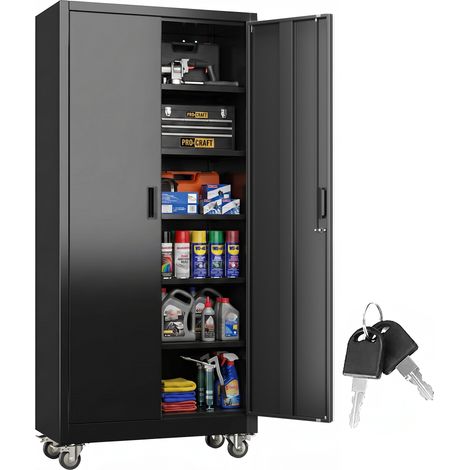 Armoire à outils en métal AOBABO avec roulettes, armoire de rangement en métal verrouillable, équipée de 5 étagères réglables, dimensions 178x80x38 cm, adaptée pour ateliers et bureaux, noire (1/5)
