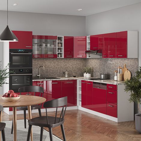 Cocina esquinera R-Line, Burdeos brillo intenso/blanco, 237 x 60 cm sin encimera, Vicco