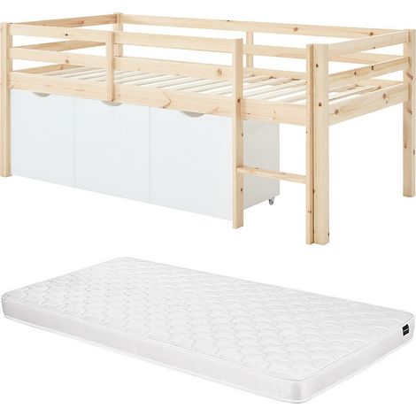 Letto mezza altezza 90 x 190 cm con contenitore - Pino e MDF - Naturale e bianco + Materasso - LANIORI