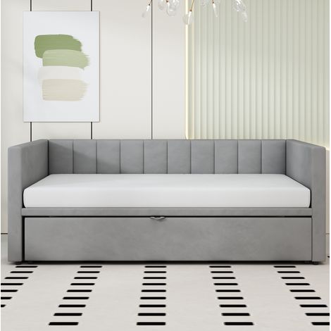 Canapé convertible extensible 90/180 x 200 cm avec sommier, velours gris DESVIAE (1/5)