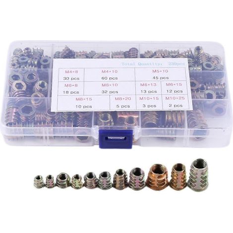 Packung mit 230 Innensechskantmuttern aus Zinklegierung M4/M5/M6/M8/M10 mit Gewindeeinsatz zur Befestigung von Holzmöbeln. (1/5)
