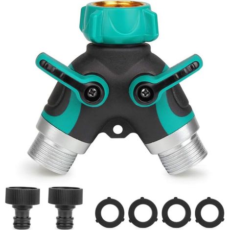 2-Wege-Verteiler, Schlauchverteiler, Y-Verteiler, 3/4-Zoll-Gartenschlauchanschluss mit 2 Ventilausgängen, 26,5 mm, verstellbarer und verriegelbarer Wasserdurchfluss, 2 Anschlüsse und 4 Unterlegscheibe