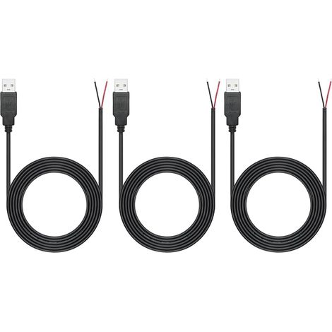 3 Pièces Queue de cochon USB de 2 M, câble USB 2.0 à 2 fils 22AWG, extrémité ouverte à fil nu à 2 broches, câble USB mâle de 2 mètres, câble d'alimentation à prise USB 12V 3A (1/5)