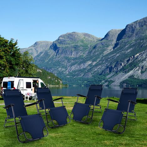 Klappstuhl Gartenstuhl mit Kopfkissen Hochlehner Sonnenliege Strandstuhl Campingstuhl Liegestuhl klappbar, Metall Textil blau schwarz, max. 100kg, L 153 cm, 4er Set