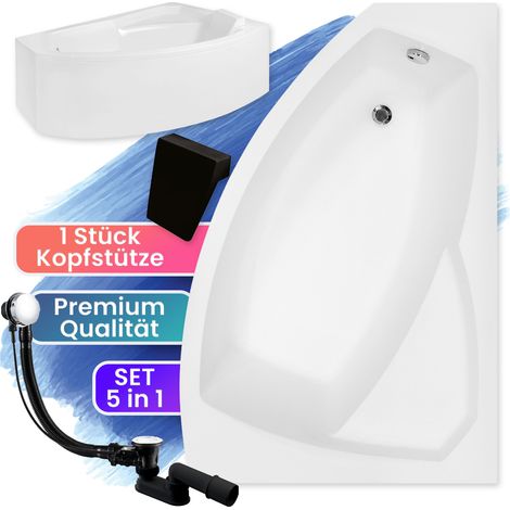 Badewanne Eckbadewanne 170x110 Rechts mit AcrylSchürze + Kopfstütze, Ablaufgarnitur & Füßen GRATIS - Komplettset 5in1 - Made in EU - BADLAND RIMA (1/5)