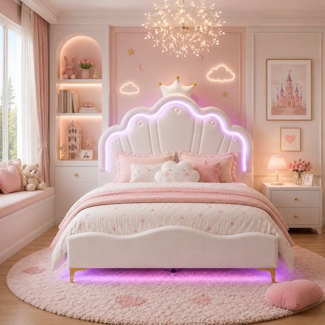 lit 140x190cm enfant avec lumière led, lit fille princesse avec sommier à lattes, tête de lit réglable en hauteur, cuir blanc