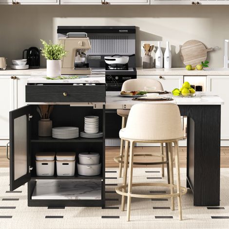 Isla de cocina 80x71-111-151x92 cm blanco y negro en MDF y vidrio con extensión, almacenaje y enchufes (1/5)