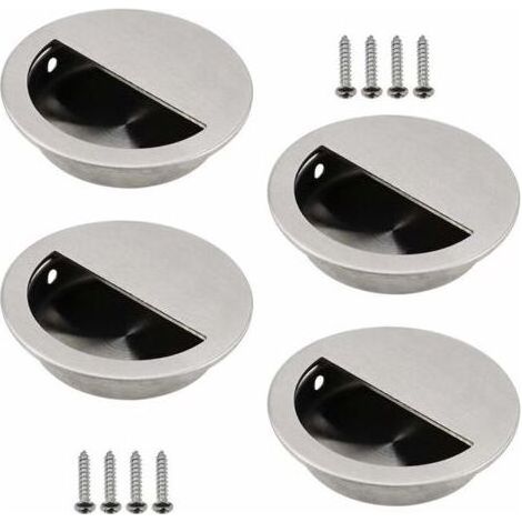 Lot de 4 Poignées Encastrables en Acier Inoxydable Argenté Poignée de Porte Coulissante Ronde Ø50mm avec un Trou Demi-Circulaire de 40 x 20mm Facile à Tirer - pour Porte Coulissante ou (1/4)