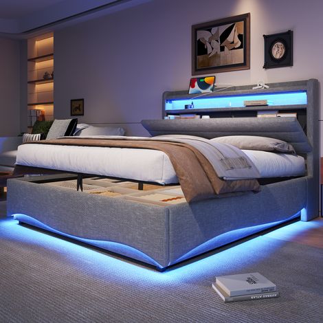 Lit rembourré, en lin, éclairage LED, USB, avec étagères, gris, 140 x 200 cm, pour maison et usage quotidien, rangements et étagères, hydraulique