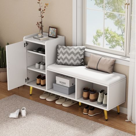 Meuble à chaussures blanc brillant avec banc rembourré, portes, 120 x 35 x 71,5 cm (1/5)