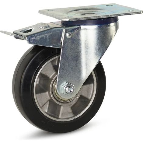 Roulette pivotante freinée - MESO - Caoutchouc élastique noir - 150mm - Platine - 330kg (1/2)