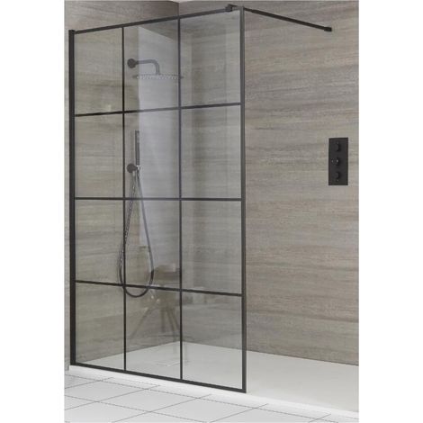 Milano Barq Black Recessed Walk In Wet Room Shower Enclosure with Grid Pattern Screen  Support Arm and White Slate Effect Tray - 1400mm x 900mm (1/5)