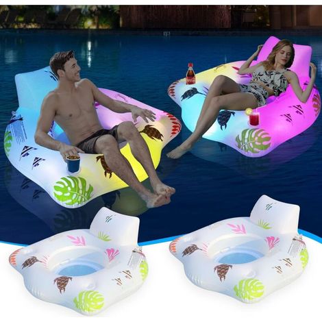 JSSEVN - Paquete de 2 flotadores inflables para piscina con luces que cambian de color, alimentados por energía solar, con 2 portavasos y 2 asas. (1/5)