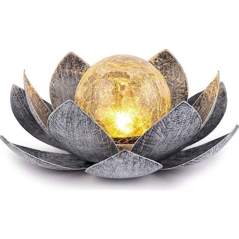 Lampe solaire lotus en verre craquelé – Abat-jour étanche – Pétales en acier inoxydable – Autonomie 10h – Pour allée, jardin, terrasse (1/5)