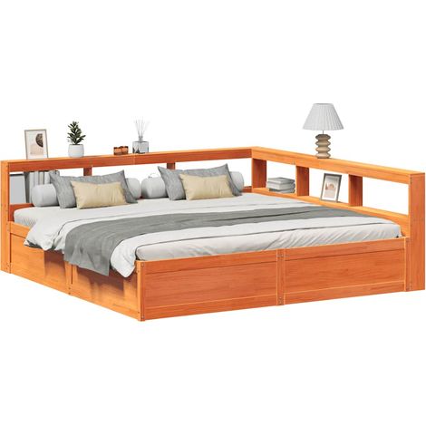 Massivholzbett mit Regal ohne Matratze Wachsbraun 200x200 cm vidaXL (1/5)