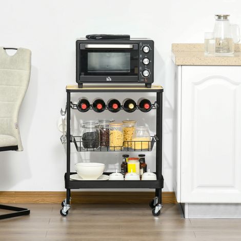 Carrello da cucina con ruote, carrello di servizio multiuso con portabottiglie, cestello rimovibile, vassoio, 60,5x35,5x75 cm, nero (1/5)