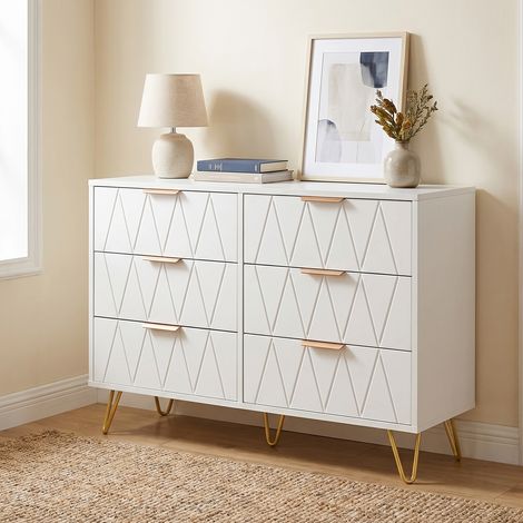 Commode 6 Tiroirs, 100x34x72.5cm, Meuble de Rangement avec Dispositif Anti-basculement, Bois et Métal, Style Moderne, Blanc et Or (1/5)