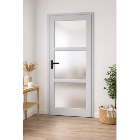 Blocco porta in vetro Greyria RAL7035 H204 x L83 Pannello Nervature spingendo a destra + Maniglia