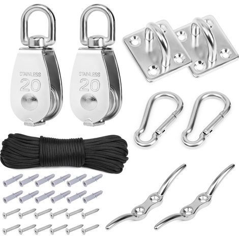 Puleggia di sollevamento in acciaio inox M20 - Gancio di sollevamento girevole - Ruota di traino - Fune in nylon - Moschettone - Piastra ad occhiello - Capacità di carico 150 kg